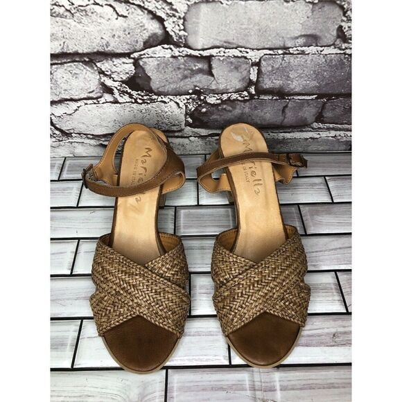 Mariella Brown Leather Woven Cross AnkleStrap Heel Sandals Women Sz 7.5M US/38EU - Picture 10 of 16